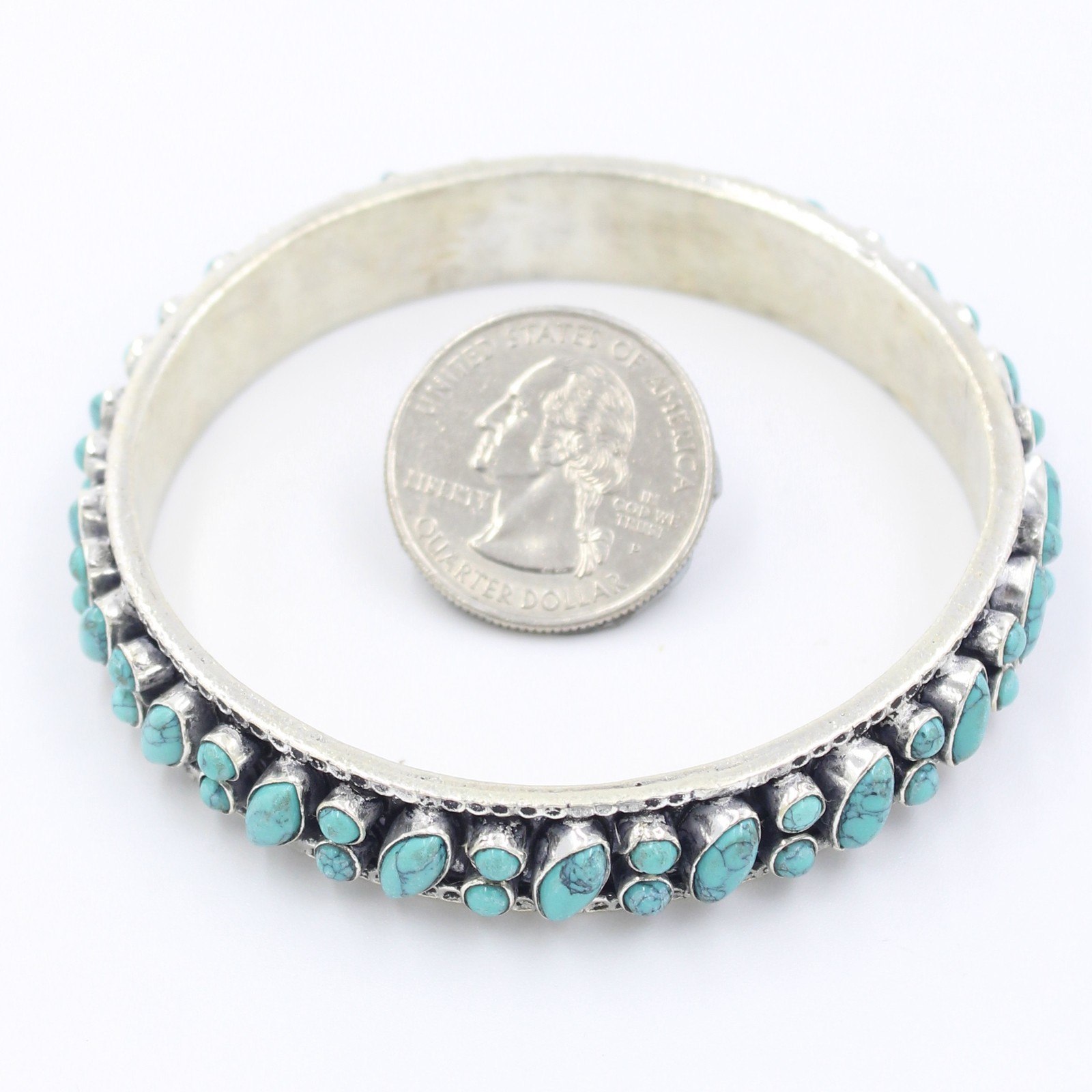 Vintage Natural Turquoise Slip On Bangle Bracelet in Sterling Silver 7.25 Inch
