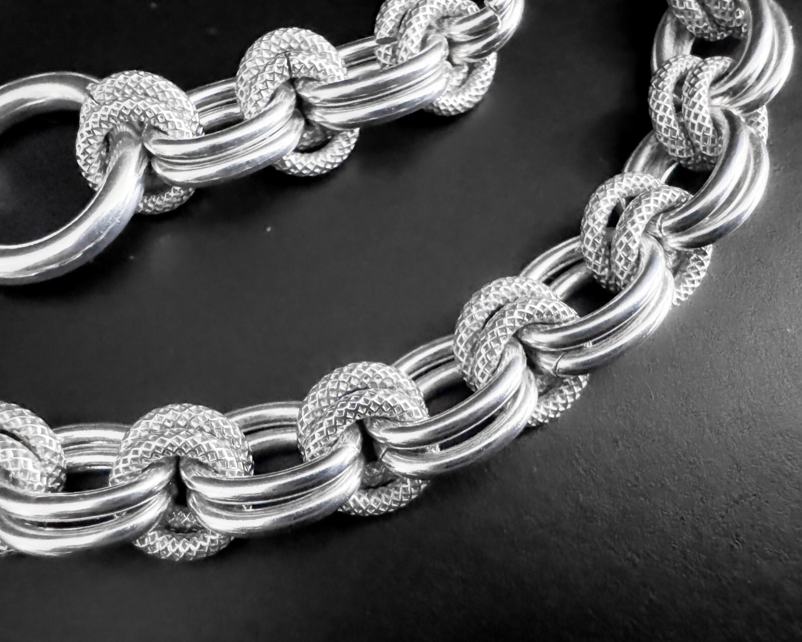 8mm 57g Heavy Double Fancy Textured Oval Rolo Link Vtg Sterling Silver Necklace