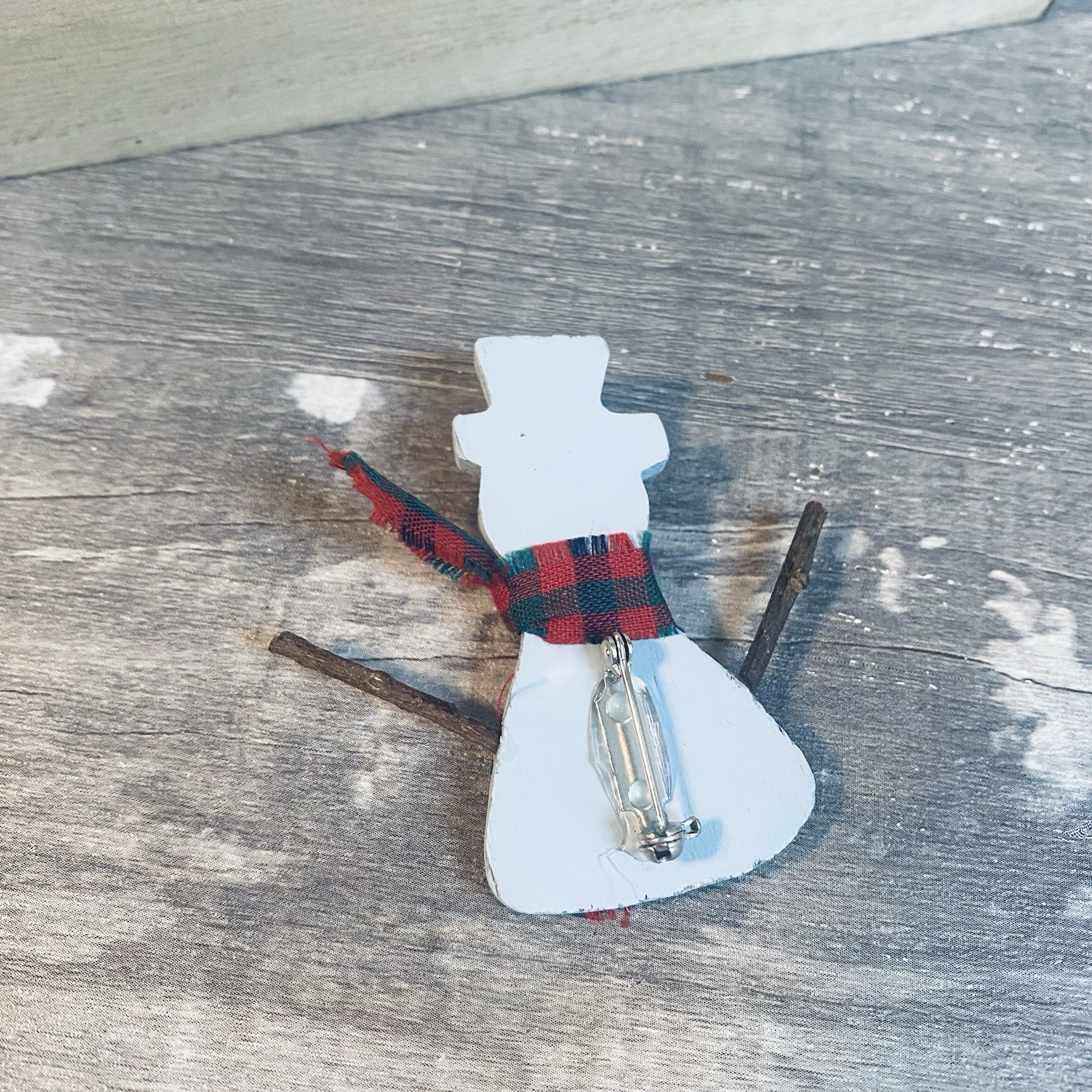 Vintage Hand Crafted Folk Art Wooden Christmas Snowman Carrot Nose Pin Brooch
