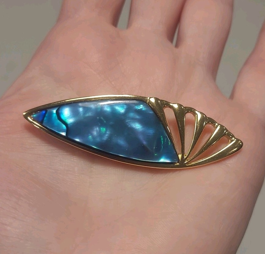 Ataahua Paua Shell Brooch Pin Gold Plated New Zealand Beautiful Vintage