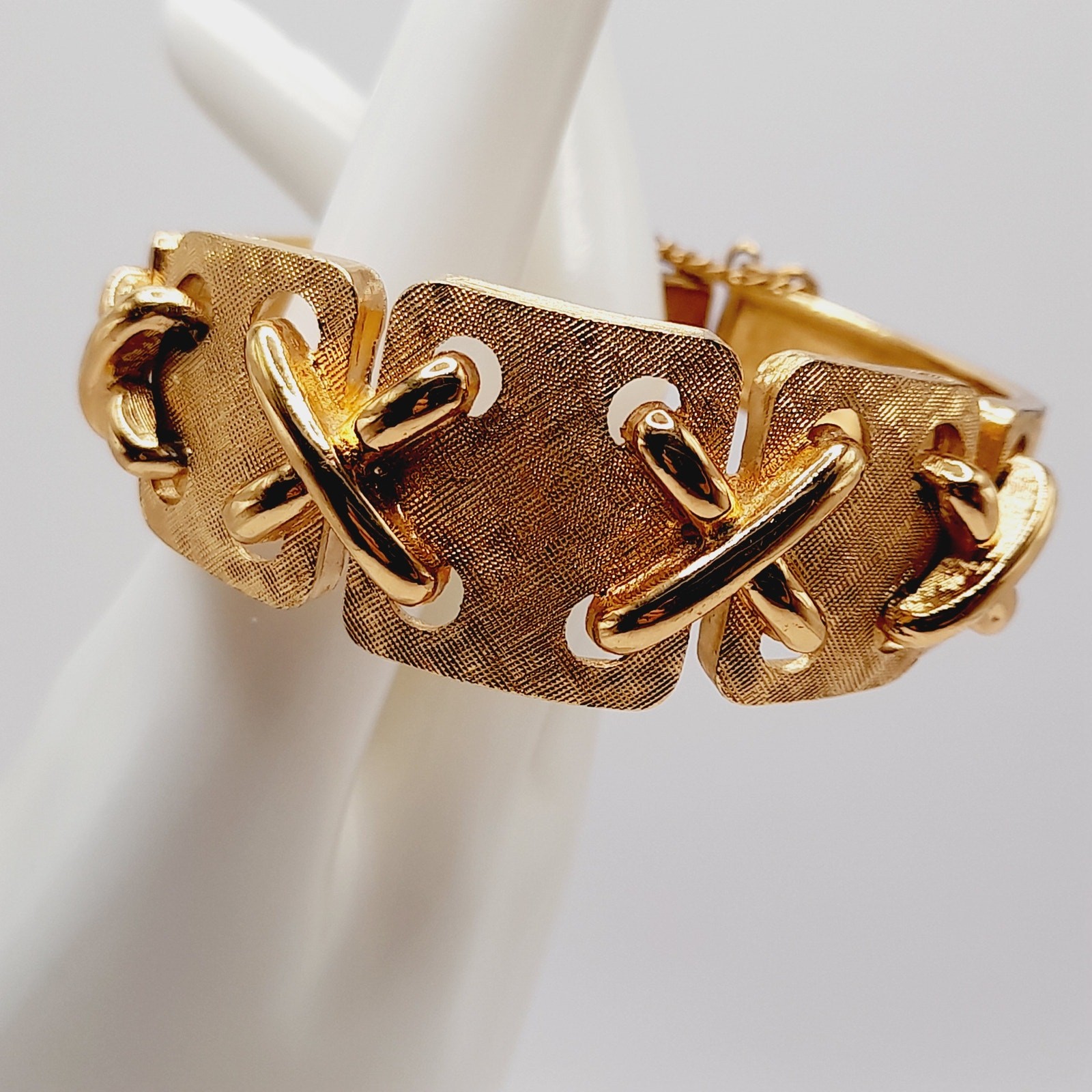 Vintage Monet Gold Tone Panel Bracelet Fold Over Clasp Safety Chain