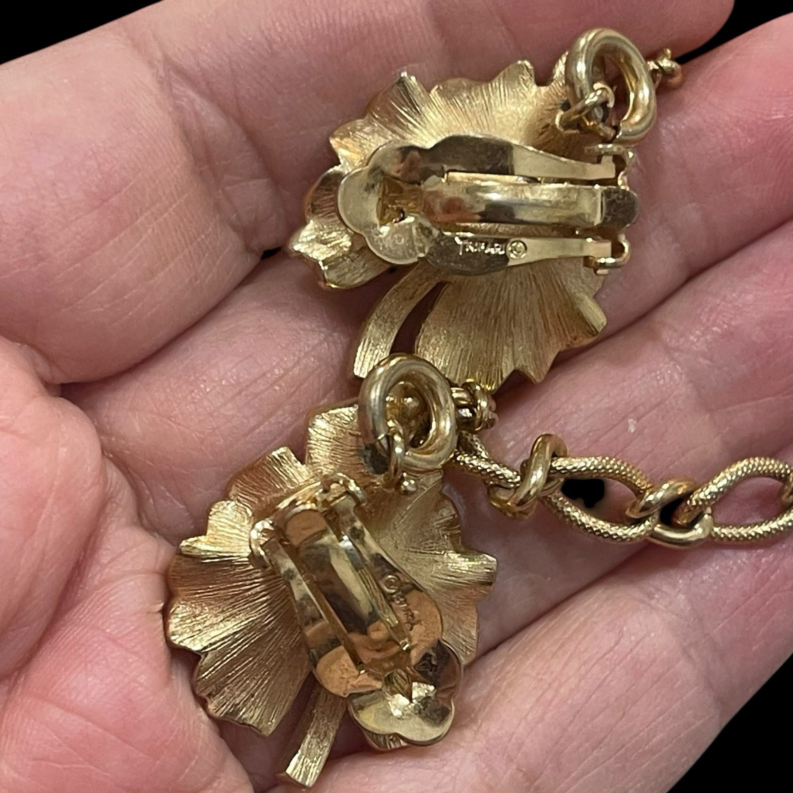 Crown Trifari Convertible Dress Clips or Earrings Leaf Rhinestone Insect Fly Vtg