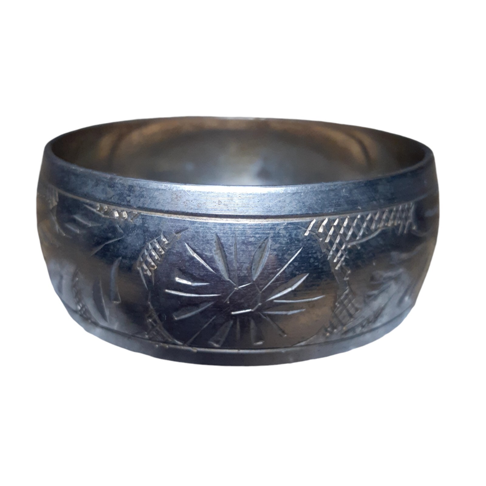 Vintage Etched Wide Bangle Bracelet Silver or Pewter1″ Tarnished