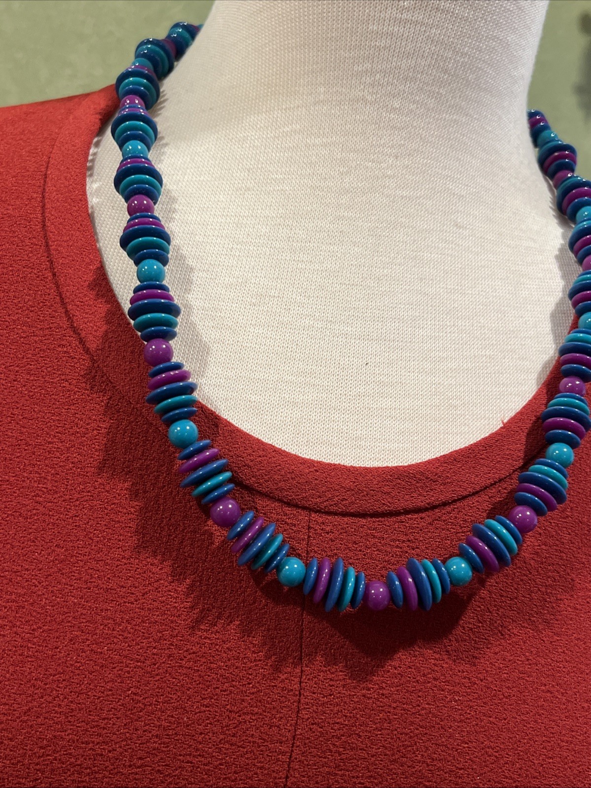 Vintage Multi-Color Disc Bead 24” Necklace Teal Purple Blue Bohemian Retro Style