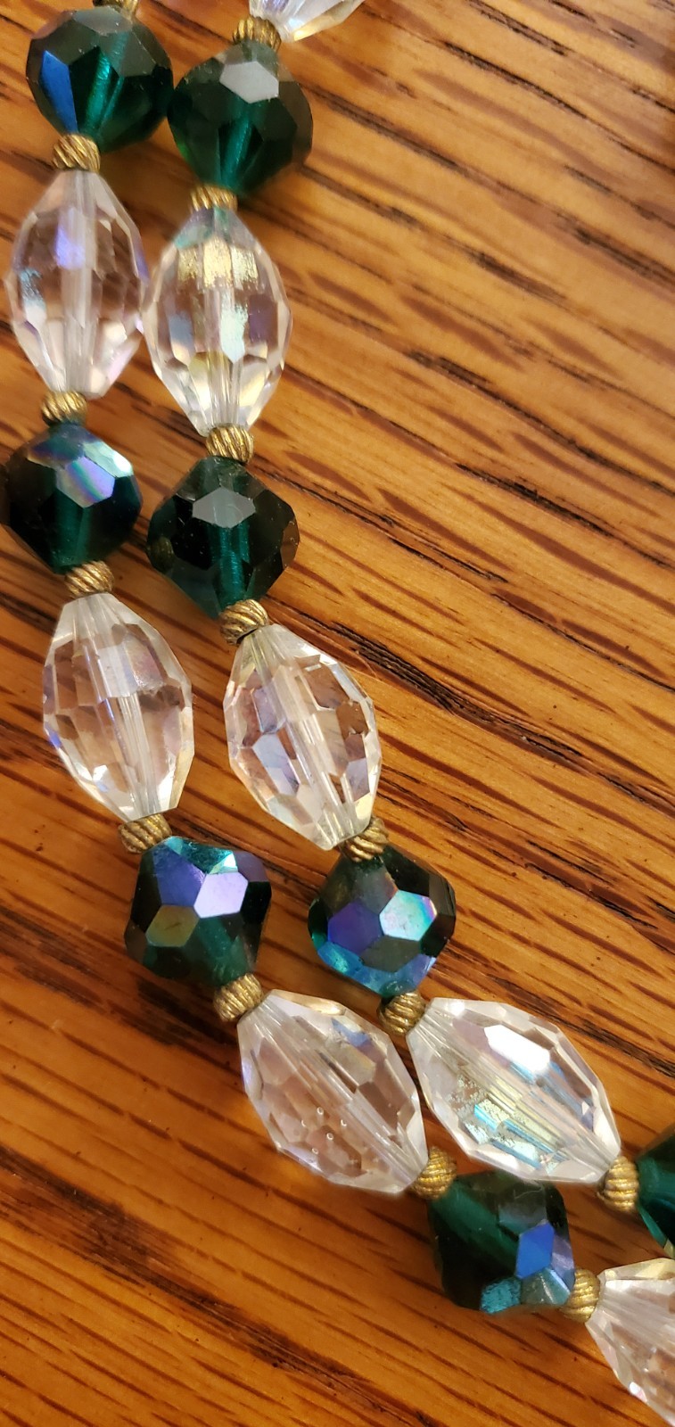 Vintage Emerald Green &Clear Aurora Borealis Double Strand Crystal Necklace set