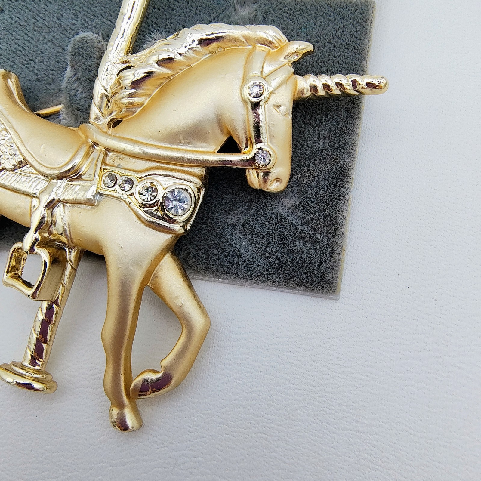 Vintage Caren Charles Unicorn Carousel Horse Brooch Gold Tone Rhinestone Fantasy