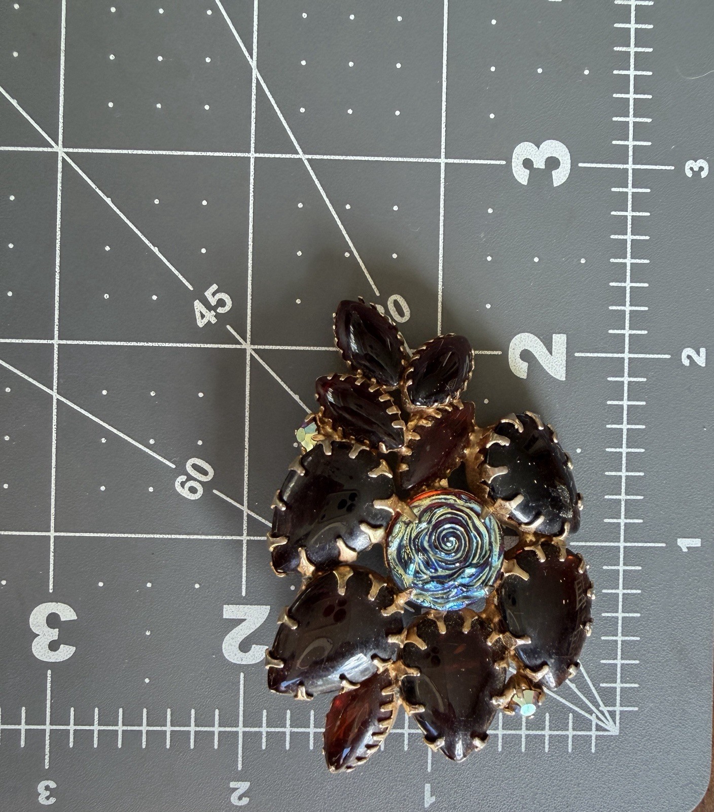 Deep Red Glass Molded Rose Brooch Art Glass Flower AB Rhinestone Statement Vtg