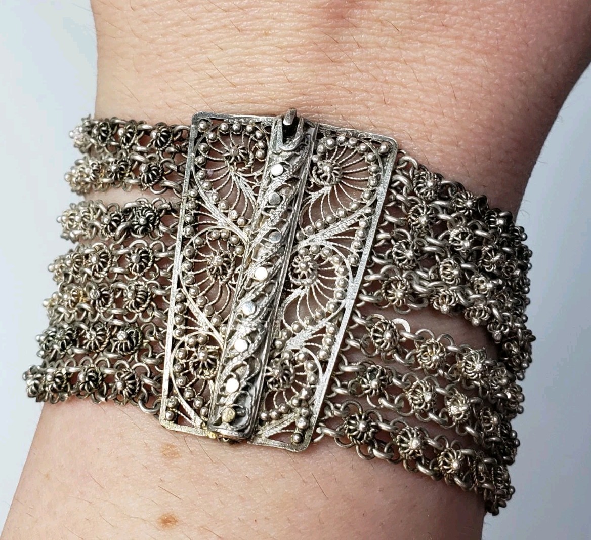 Antique Silver Ottoman Filigree Bracelet 40g 8″ 39mm Wide