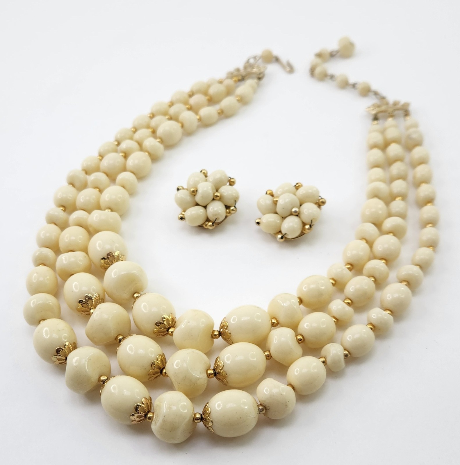 3 Strand Ivory and Gold Acrylic Bead Necklace Clip Earrings Set 1950s Hong Kong