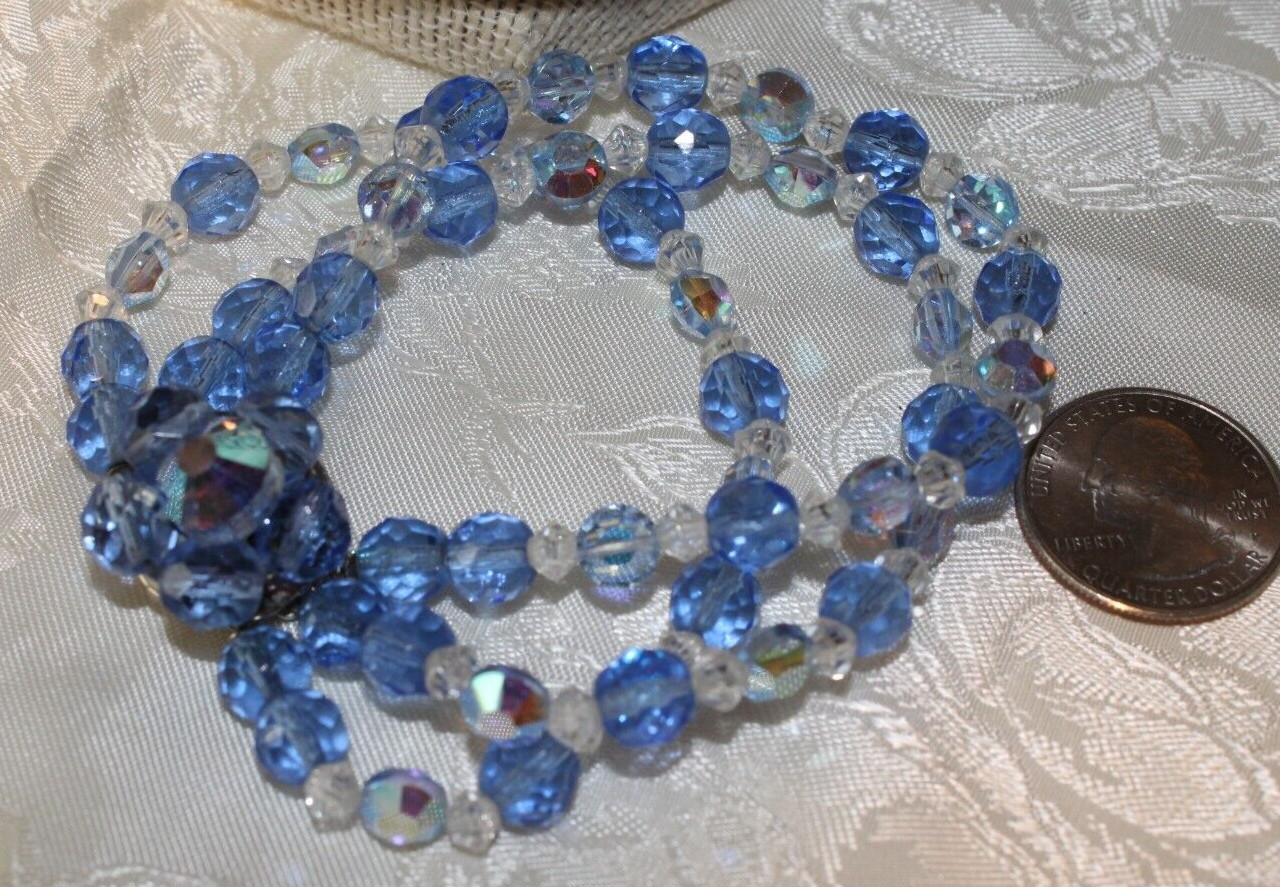 VTG AB BLUE 2 STRAND FACTED GLASS BEAD NECKLACE, BRACLET&CLUSTER CLIPS