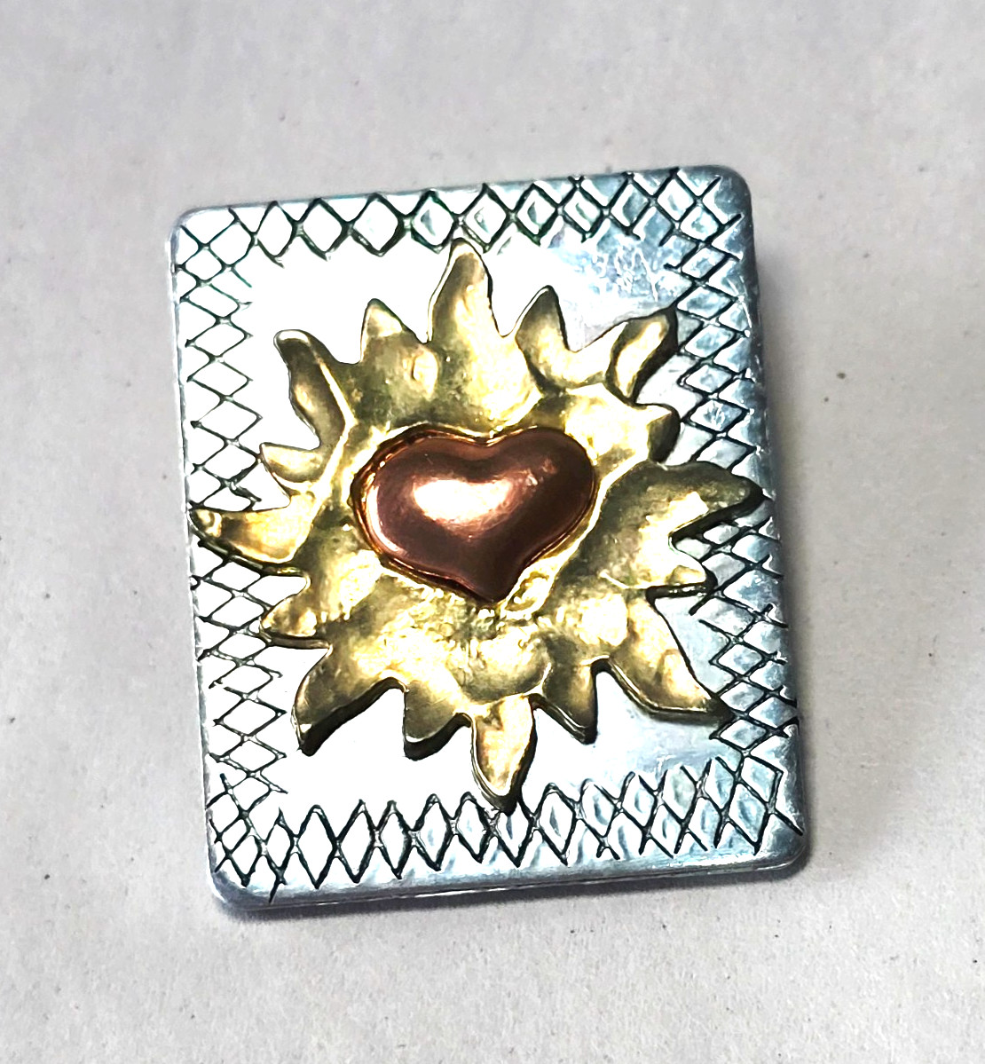 Vintage Handcrafted Sunburst Heart Brooch Mixed Metal Safety Bar Clasp