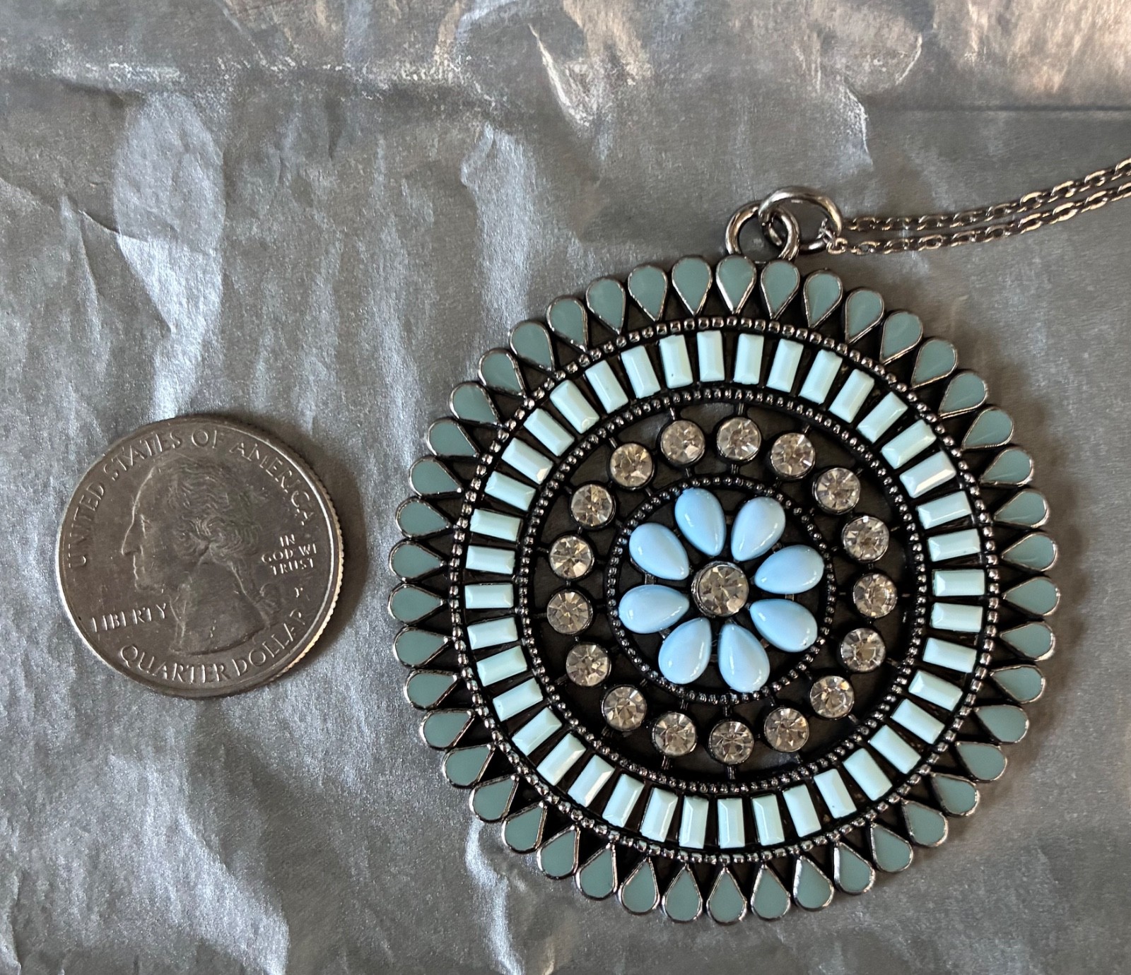 Vintage Zuni Inspired Necklace w/ Round Floral Pendant Blue Teal Rhinestones 17″