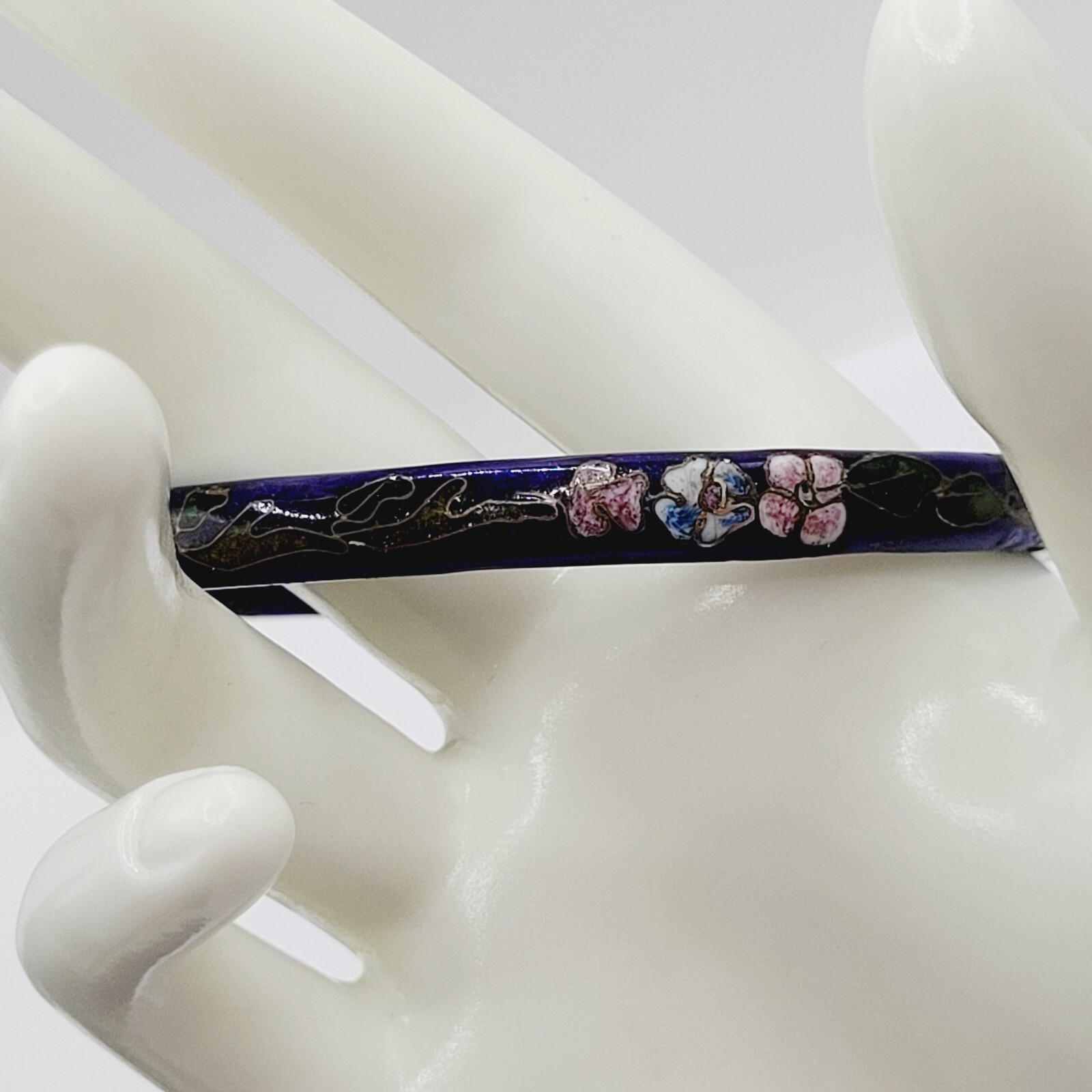 Cloisonné Asian Inspired Dark Cobalt Blue Floral Hand Painted Bangle Bracelet