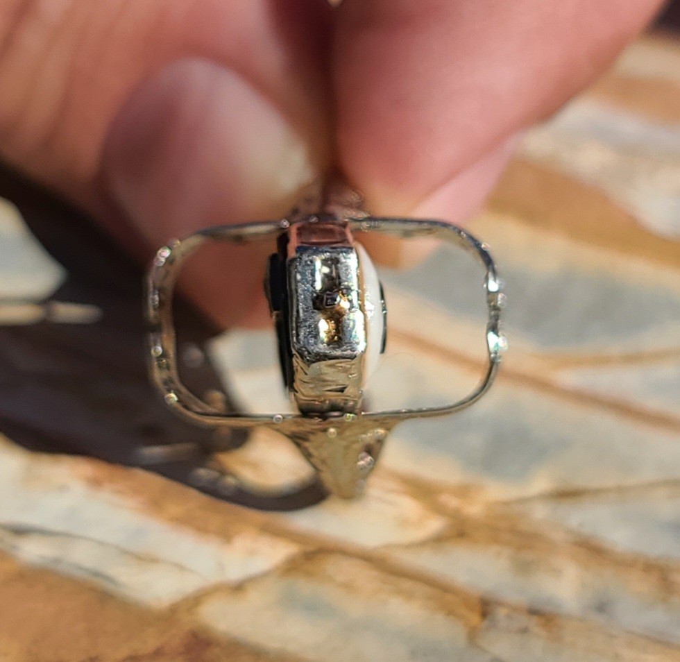 Antique 1928 Art Deco 14K White Gold Diamond Black Onyx Shell Cameo Flip Ring