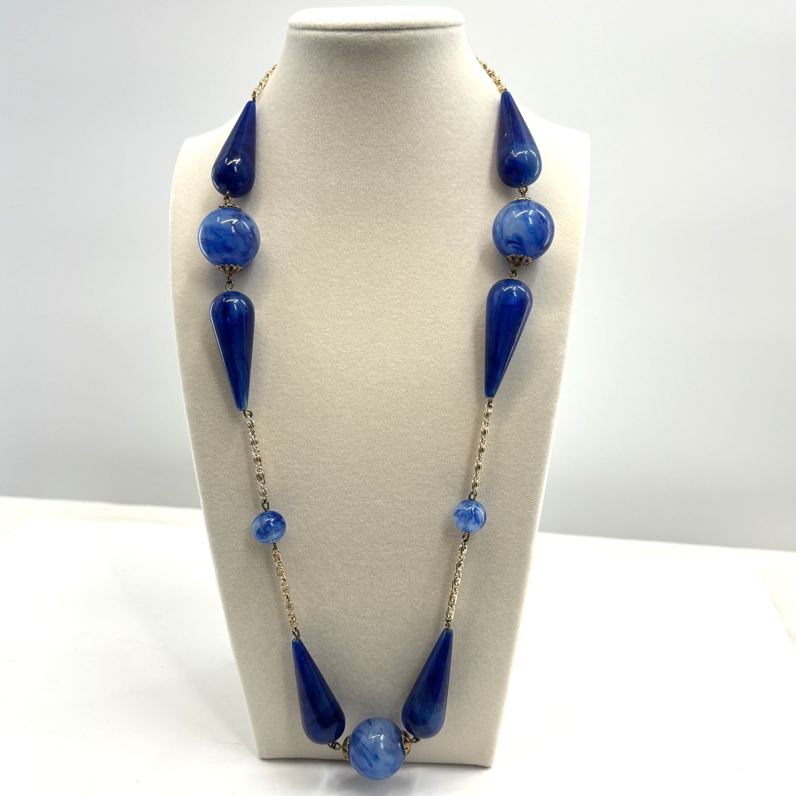VTG Necklace Gold Tone Blue Marbled Beads 26″ Modern Art Nouveau Style