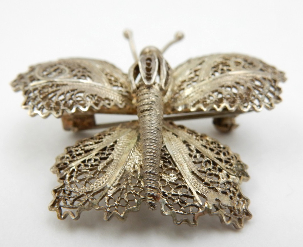 VINTAGE SOLID SILVER FINE CANNETILLE FILIGREE BUTTERFLY BROOCH PIN, 5.3 GRAMS