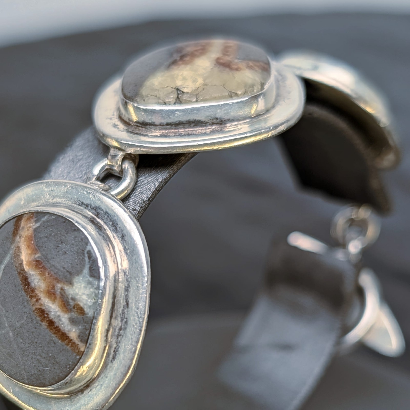 Vintage 925 Sterling Silver Bracelet+Linked Cabochon+Chunky Jasper Stone⭐