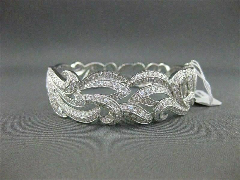 ANTIQUE WIDE 5.48CT DIAMOND 18KT WHITE GOLD BANGLE BRACELET F VS/VVS #G00114