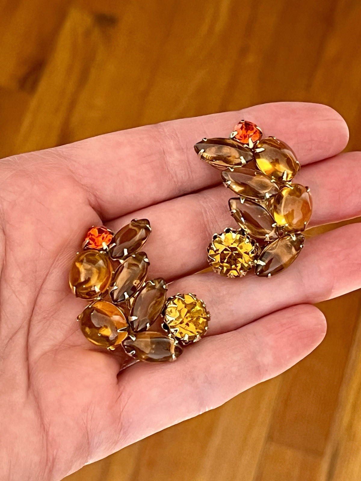 Vintage Rhinestone Earrings Brown Fall Colors Cupcake Setting Open Back