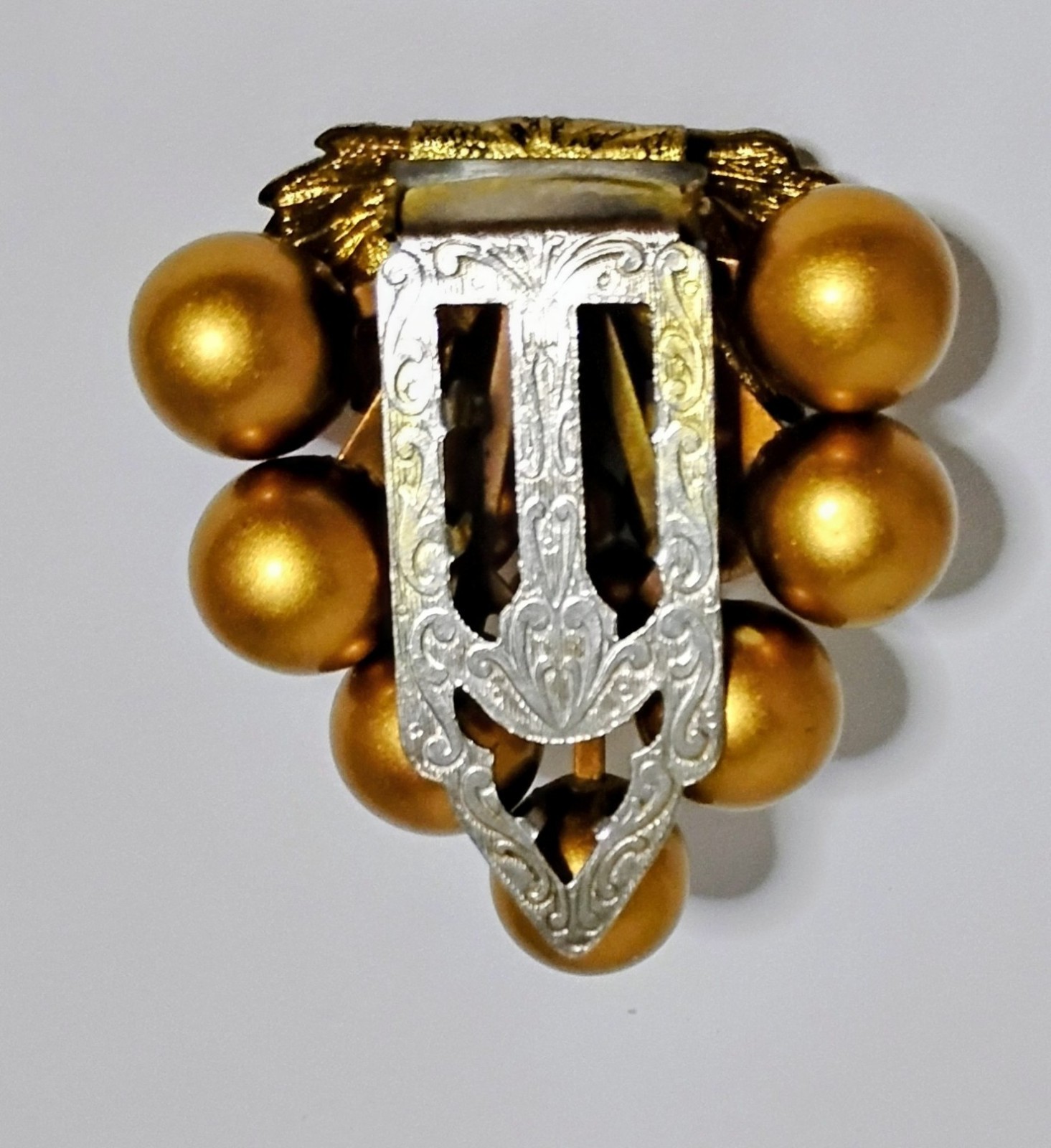 Vintage Golden Grape Clusters Dress Clip Brass Tone Faux Pearl