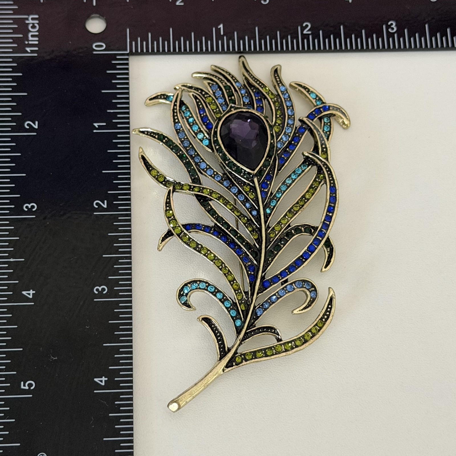 Heidi Daus Signed Vintage Big Peacock Feather Rhinestone Brooch Pin Purple Blue