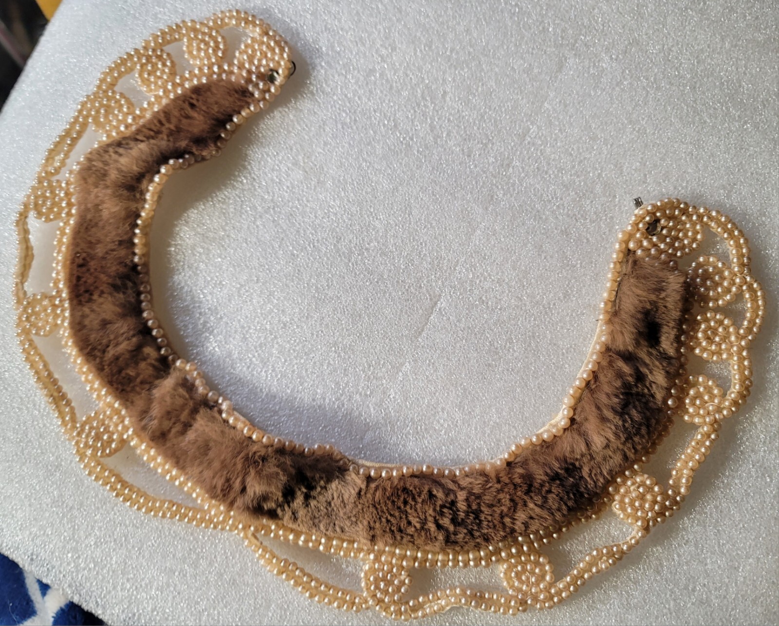 Vintage Seed Faux Pearl Brown Fur Hand Sewn Crafted Decorative Collar Necklace