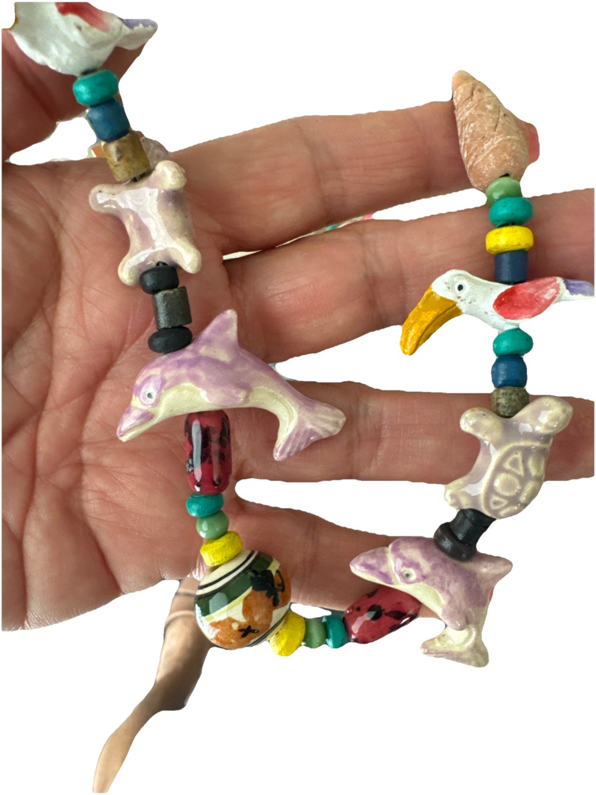 Vintage Fetish Tropical Parrots, Dolphins, Turtles Necklace Boho Unique