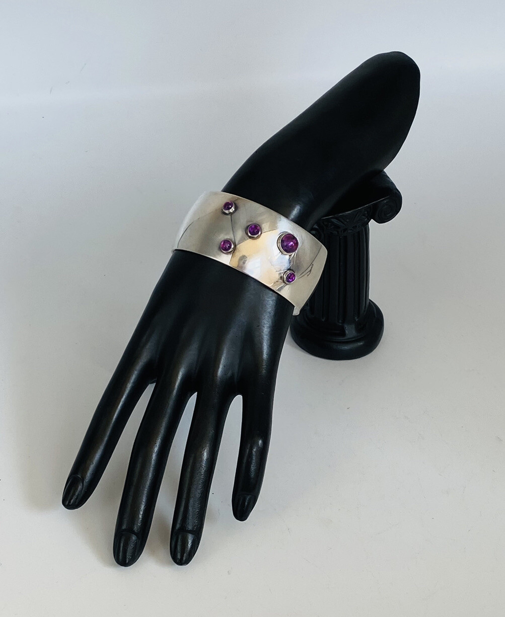 Heavy Vintage N E FROM Denmark Sterling Silver Amethyst Modernist Cuff Bracelet