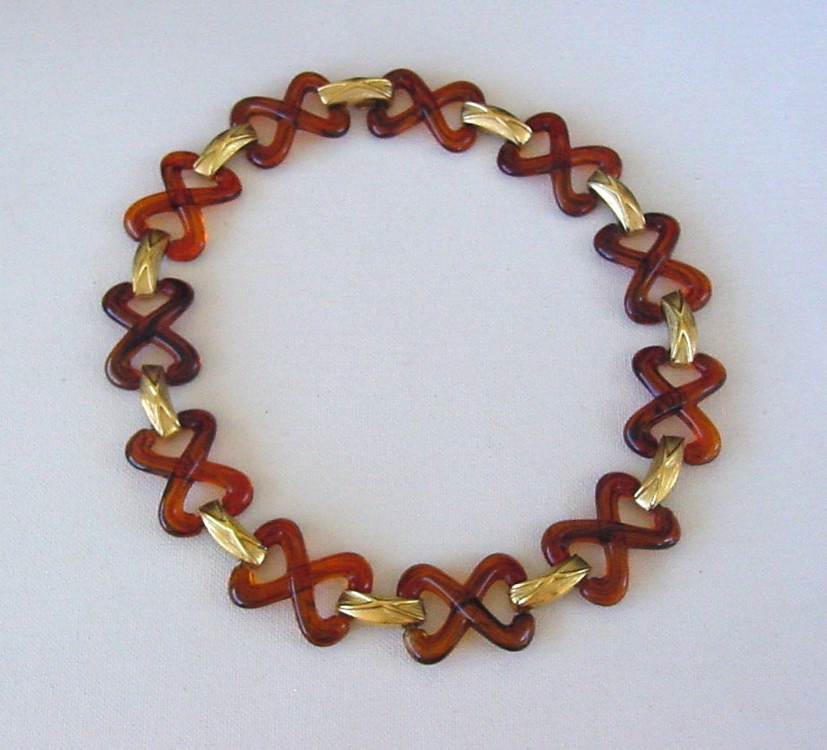 Faux Tortoise Shell Vintage Acrylic Gold Tone Link Necklace Unbranded