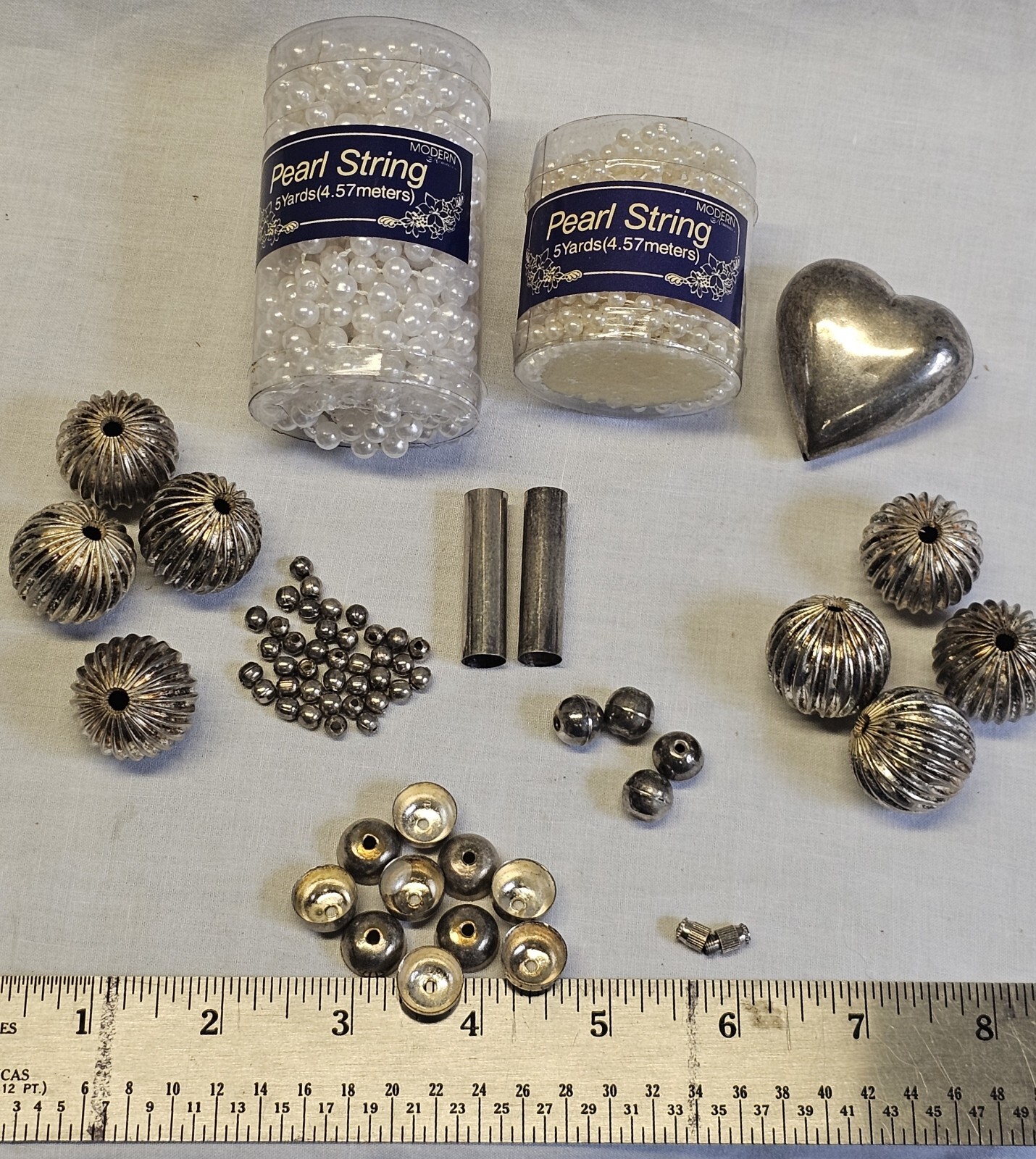 Vintage Jewelry Making Set Pearl String Kit Small-Large Metal Beads Silver Heart