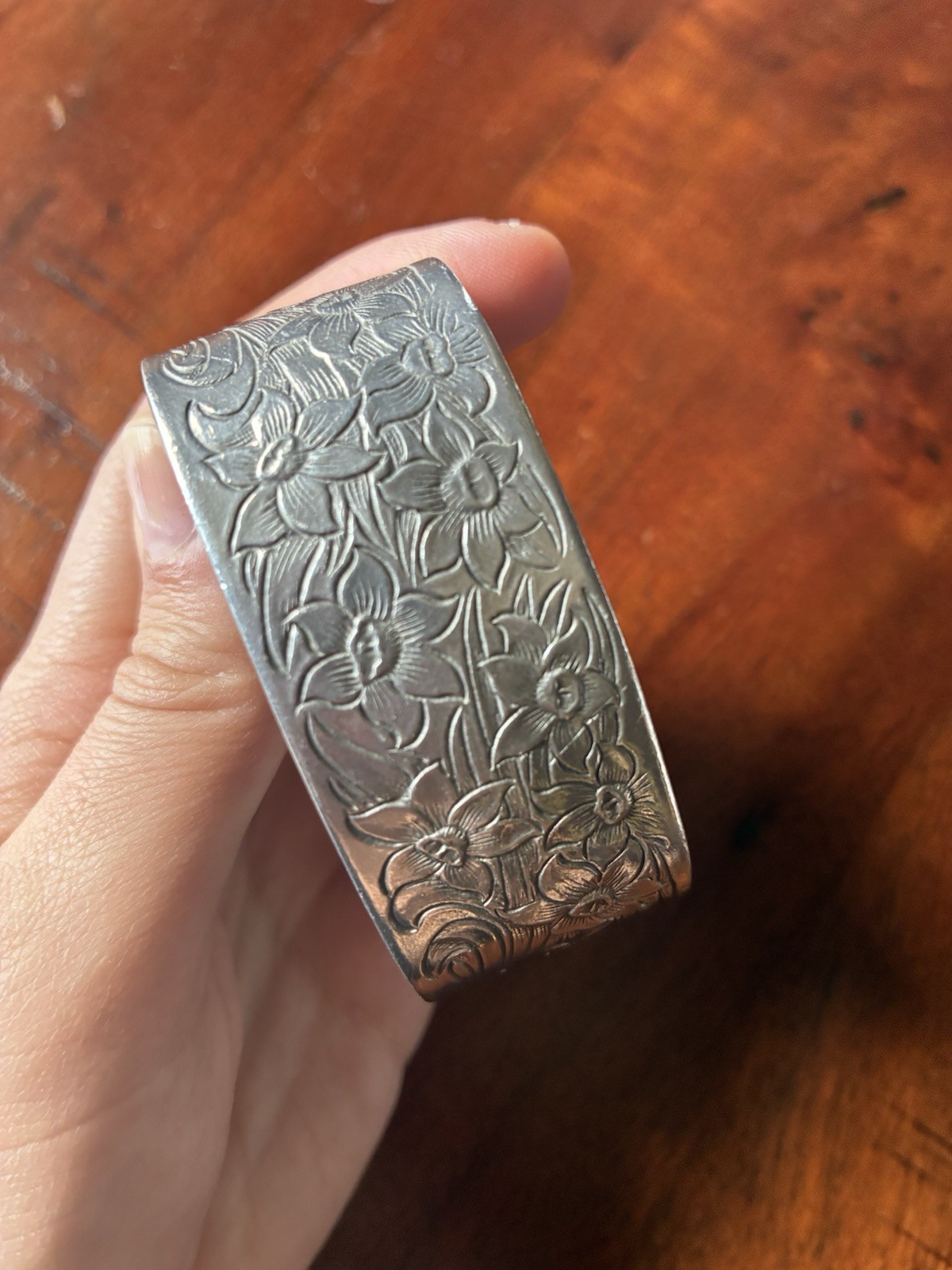 Vintage Salisbury Pewter March Flower Wide Cuff Bracelet Adjustable No Tarnish