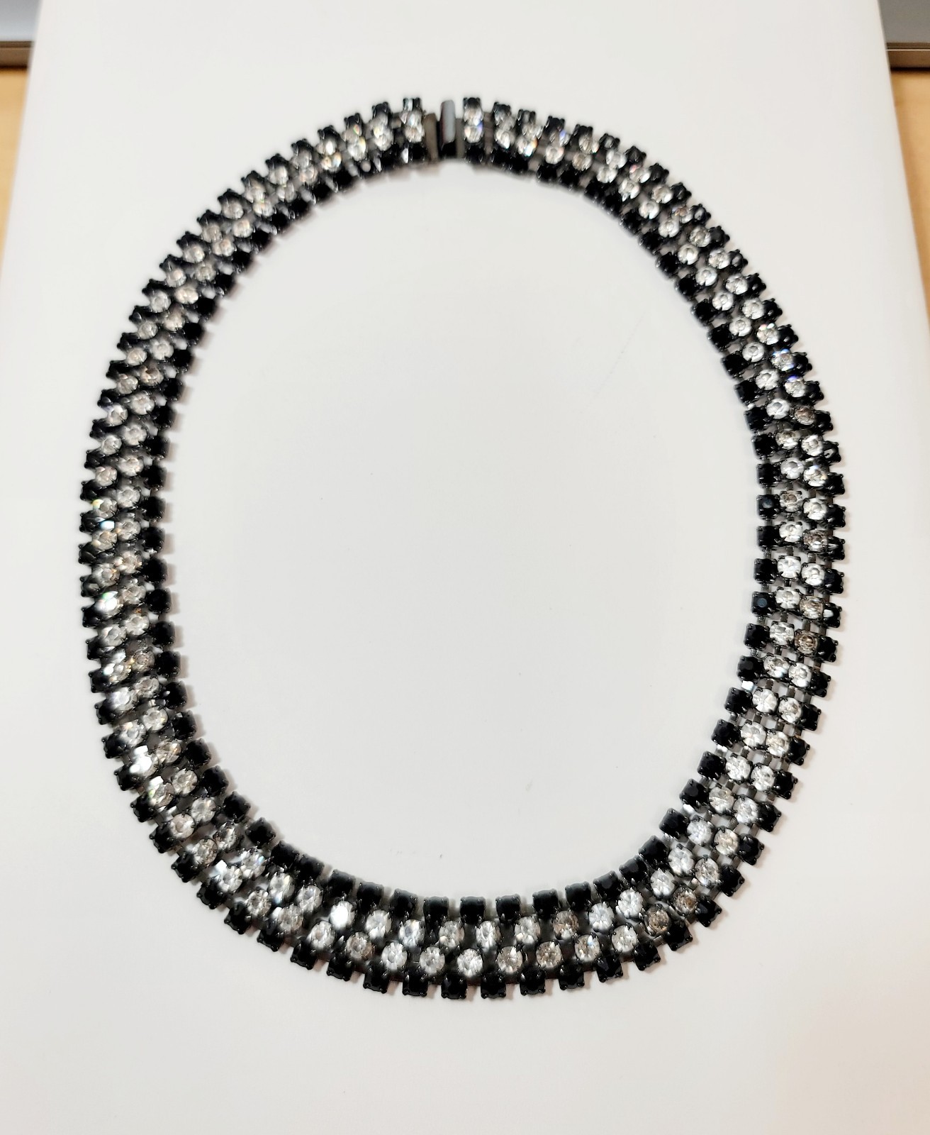 Vintage Black Clear Rhinestone Japanned Metal Collar Necklace 18″