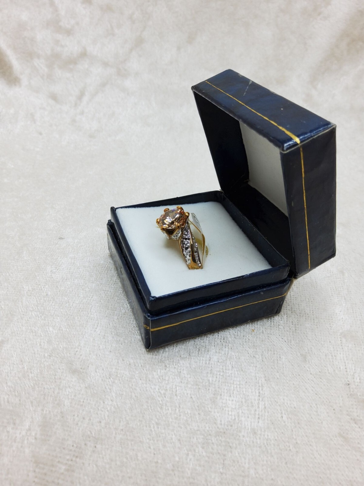 vintage kas 14kt gold plated champagne,white cz ring size 7, NOS