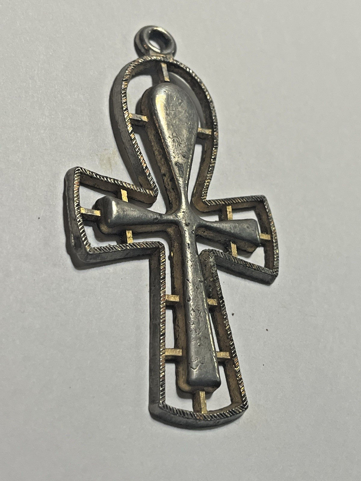Vintage Egyptian Ankh Cross Pendant Pewter Gold Tone Inlay Symbol of Life