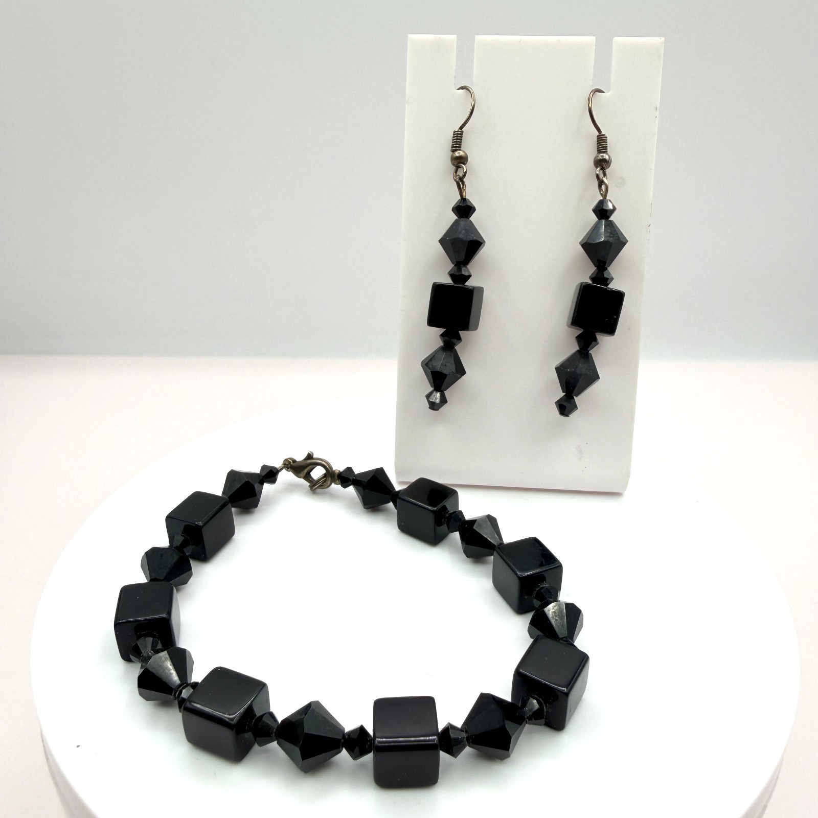 Vintage Black Beaded Bracelet Dangle Earrings Set Gunmetal Tone Geometric Goth