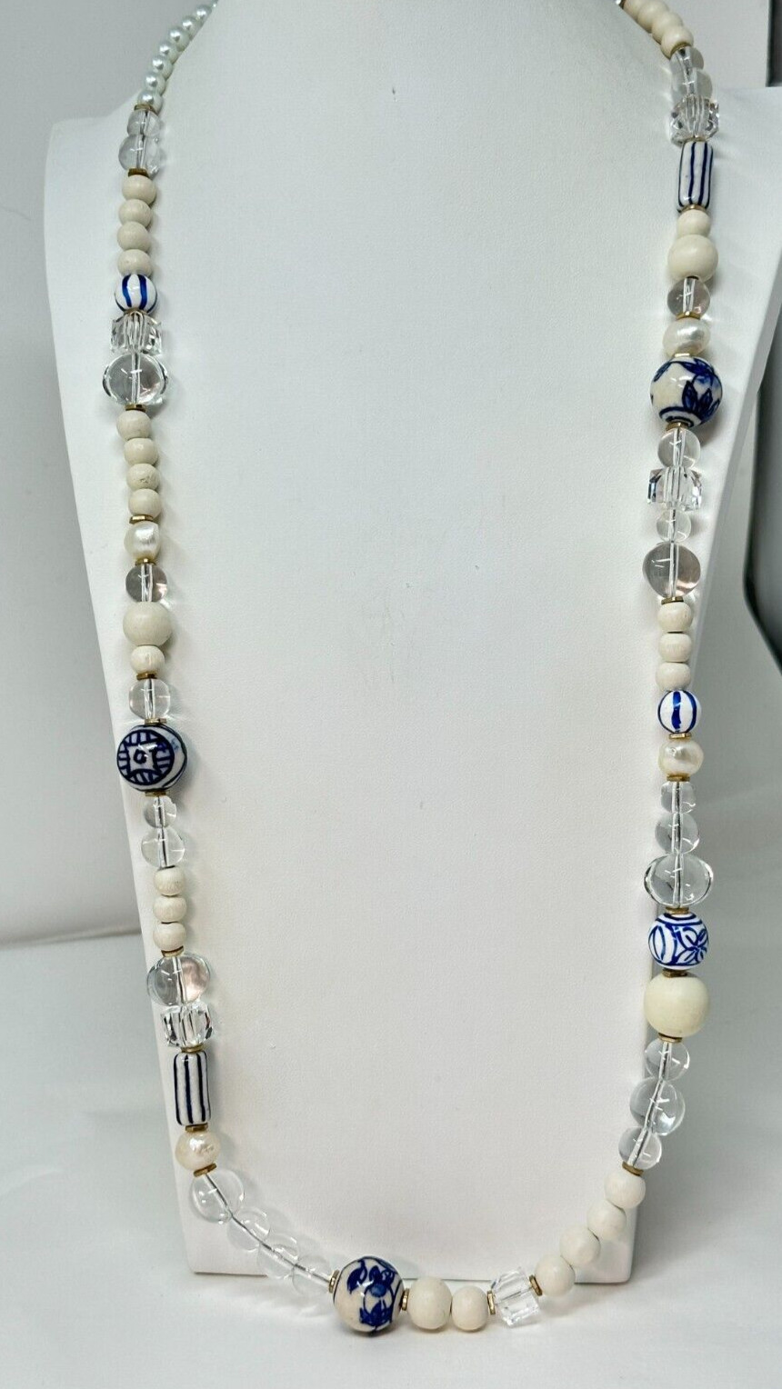 Vintage Goldtone Blue White Ceramic White Wood Clear Lucite Beaded 35″ Necklace