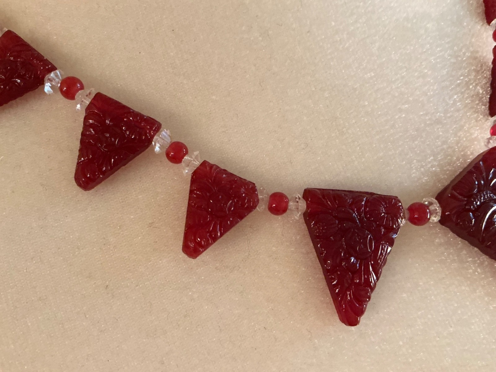 Art Deco Red Carved Triangles Crystal Accent Necklace 18″