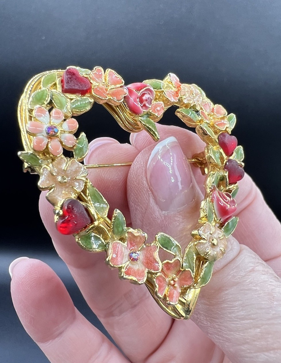 Vintage Gold Plated, Enamel, Flowered Heart Brooch