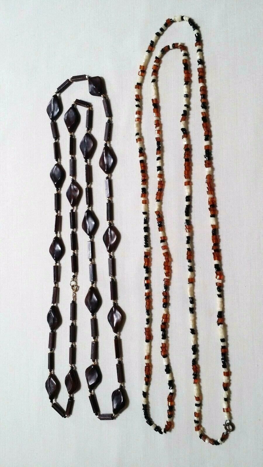 2 Vintage Bead Necklaces – Brown & Goldtone 50″ + Amber Ivory Black 54″ Used