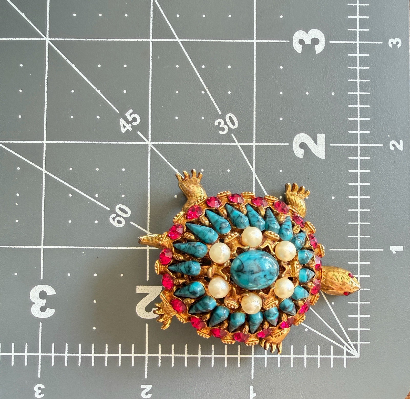 HAR Turtle Brooch Pin Rare Mid Century Turquoise Tiered Rhinestone Statement!!