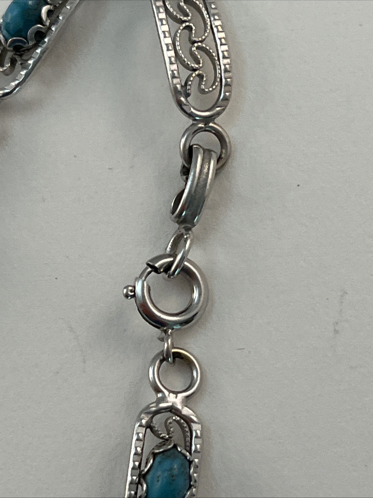1/20 12K GF White Gold Filled Faux Blue Turquoise Link Bracelet 7 1/4″