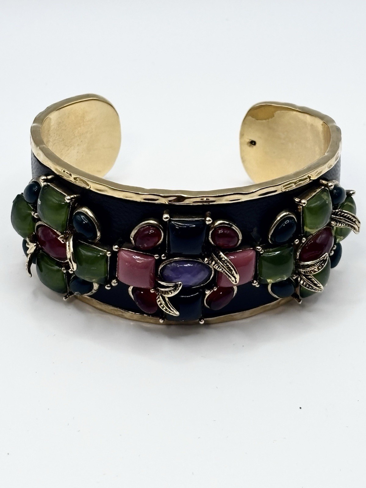 Vintage Chunky Gold Tone Multicolor Cabochon Crystal & Leather Byzantine Cuff