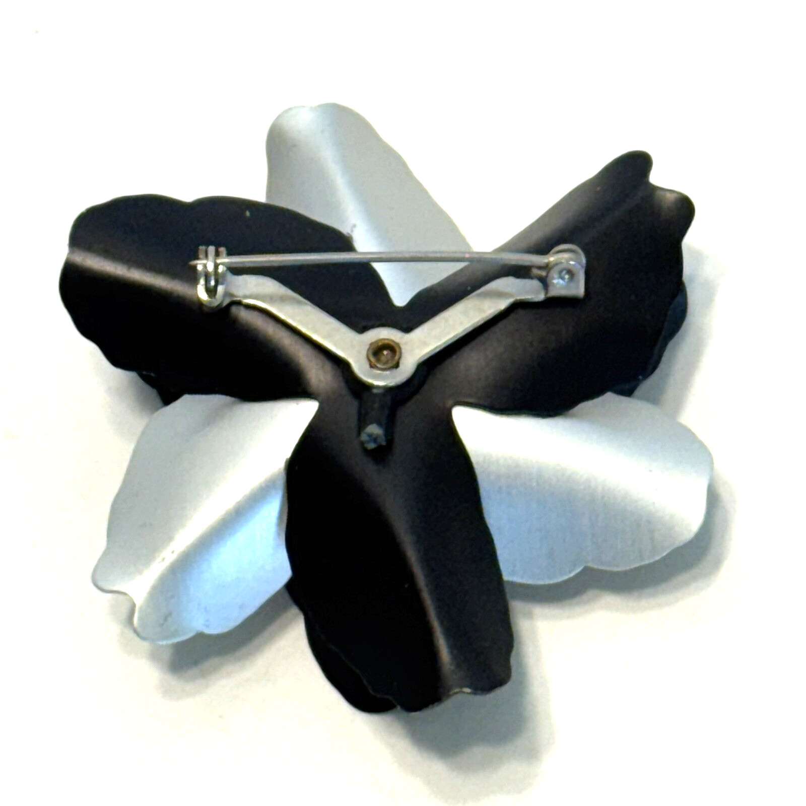 Vintage Black and Silver Flower Brooch Enamel Layered Petals Clear Rhinestones
