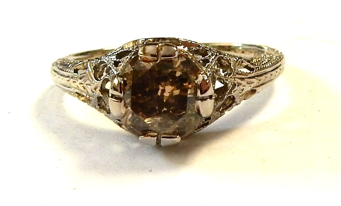 14K White Gold Filigree Ring 1.25Ct 7mm Round Champagne Diamond Solitaire
