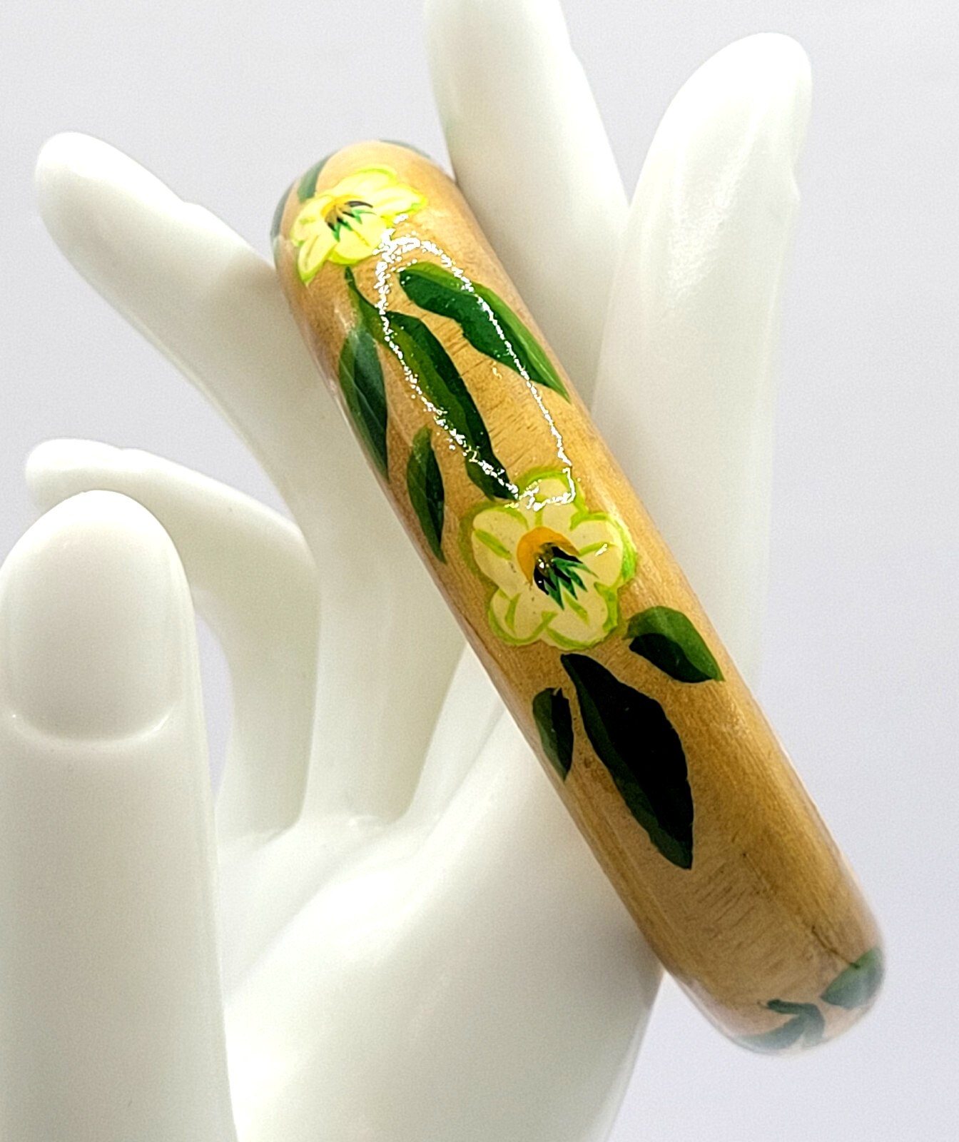 Wood Bangle Hand Painted Cream Flowers Green Leaves Lacquered Bangle Bracelet