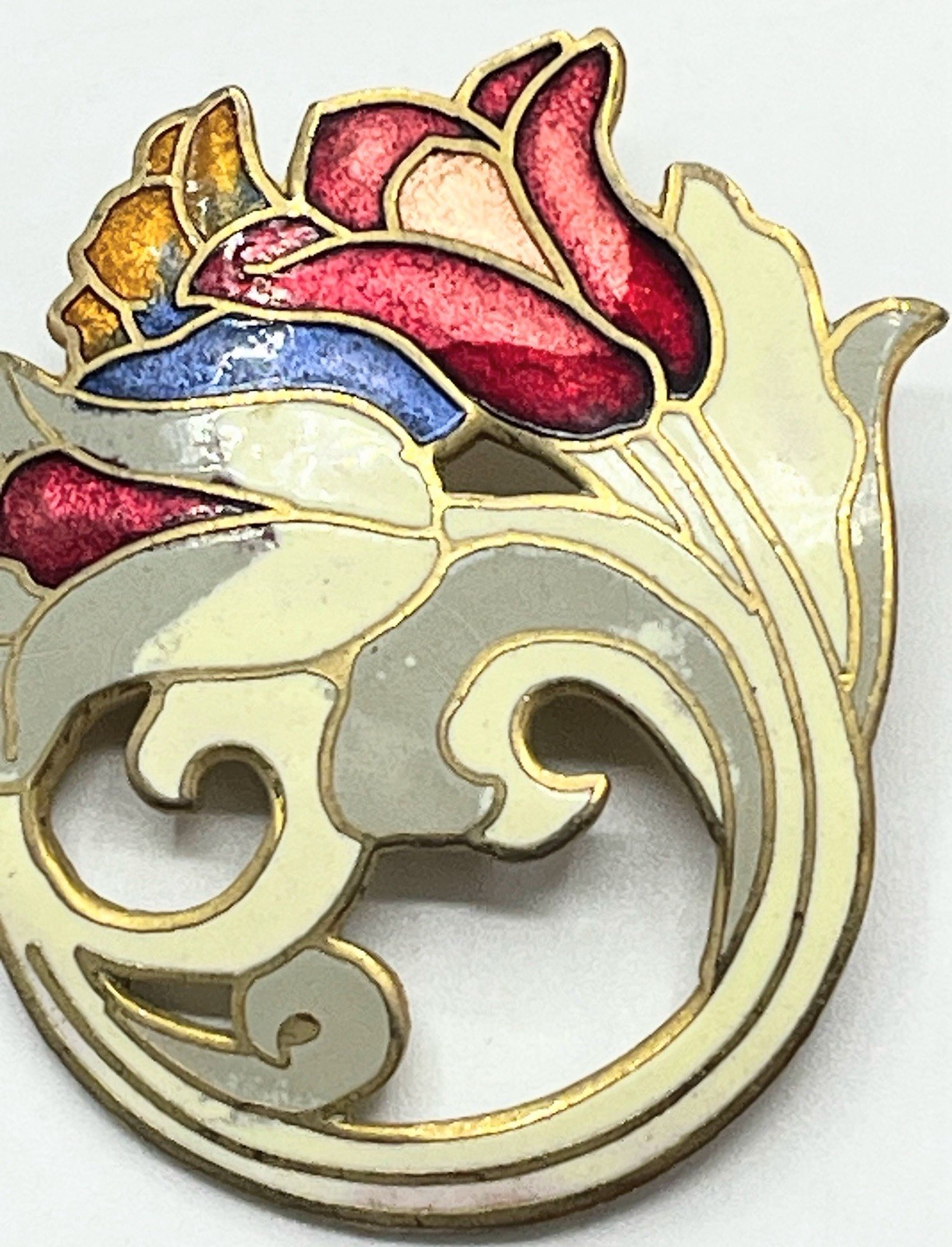 Cloisonné Tulip Brooch Gold Tone Red Orange Cream Gray White Enamel