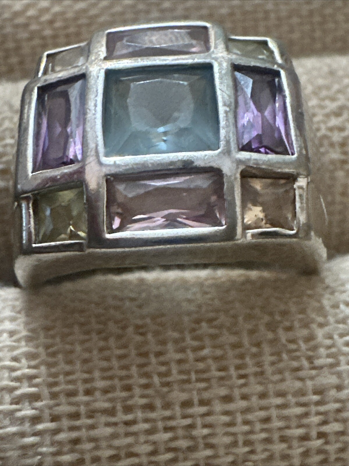 DESIGNER FAS STERLING SILVER PASTEL MULTI COLOR TOPAZ SQUARE CUT RING