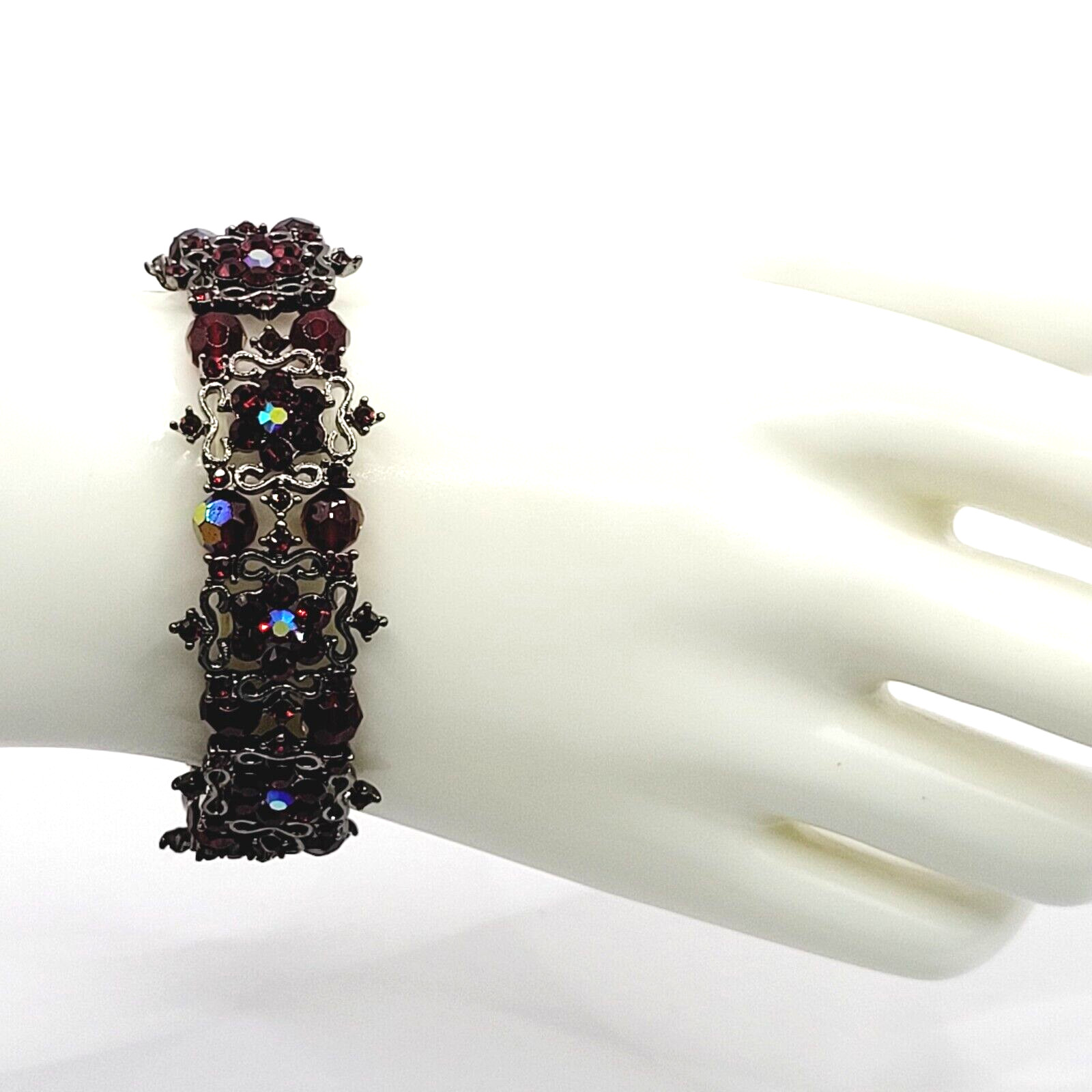 Red AB Crystal Sparkle Flower Floral Metal Ornate Fancy Event Stretch Bracelet