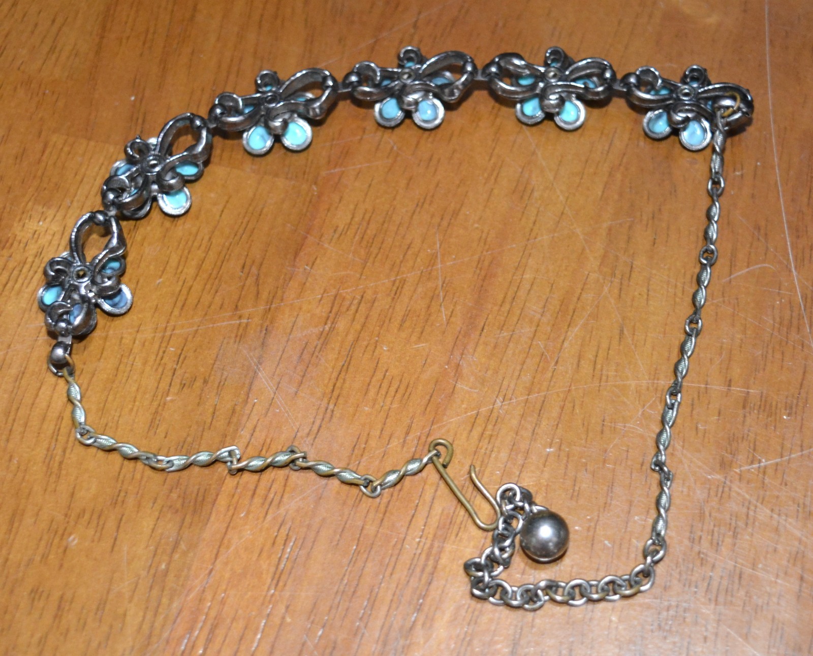VTG Blue Opal Turquoise & Rhinestone Sterling Silver Bracelet & Necklace Choker