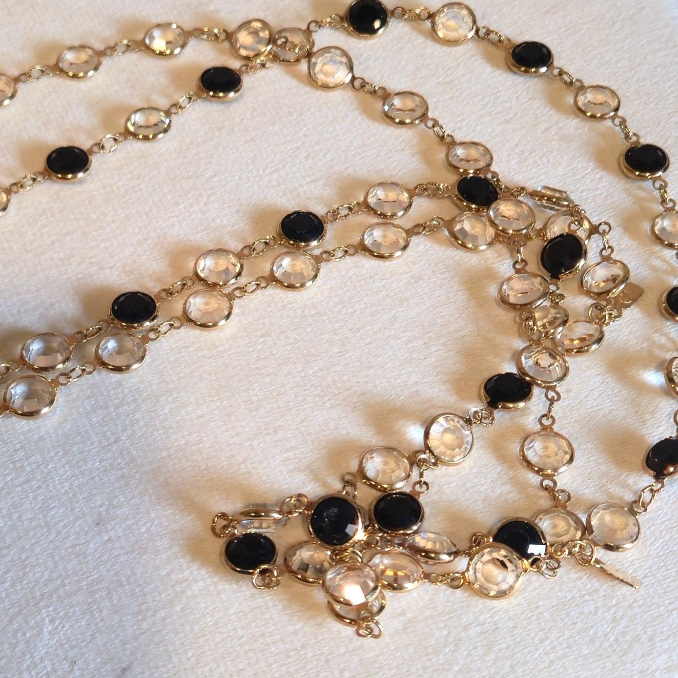 Vintage Swarovski Crystal Necklace Black & Clear Signed Gold Tone double strand